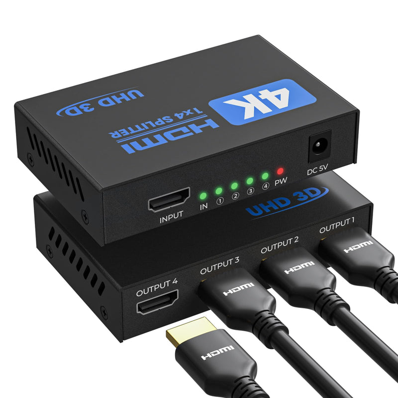 HDMI Splitter 1 in 4 Out 4K 30Hz HDMI-Splitter for 4 Monitors | with USB to DC Power Cable, 4 Way HDMI Distribution, Multi HDMI Adapter for PC/Laptop/HDTV/Projector, Mirror Only, Not Extend 1x4