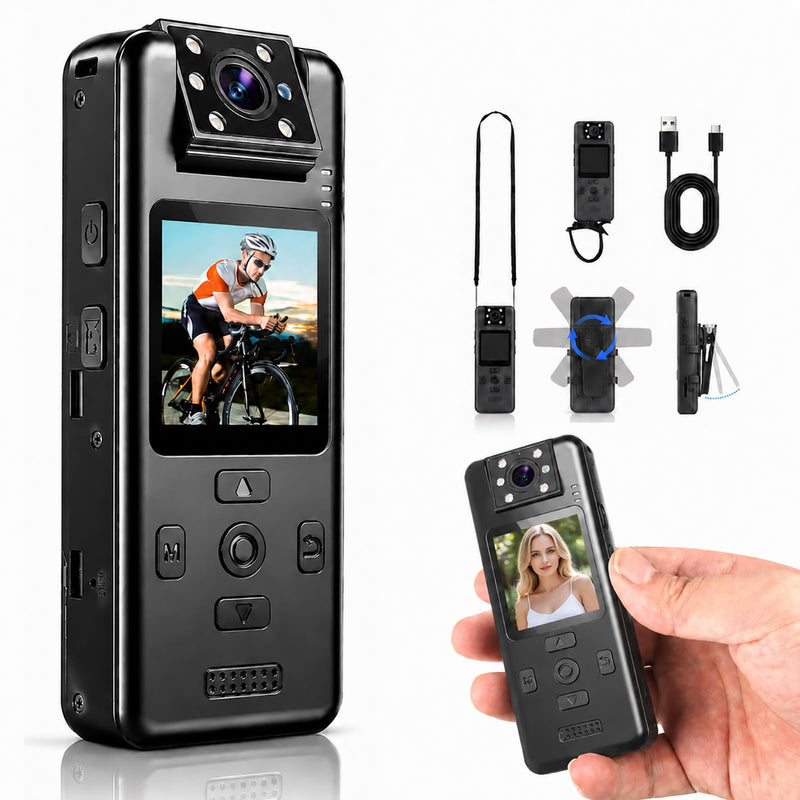 dahocamgo 4K Body Camera with Audio, Wearable Cam | 180° Rotating Lens, 6H Battery, IR Night Vision, Mini Cam for Pet, Office, Law Enforcement, No Wi-Fi, No SD Card 1.3in Screen