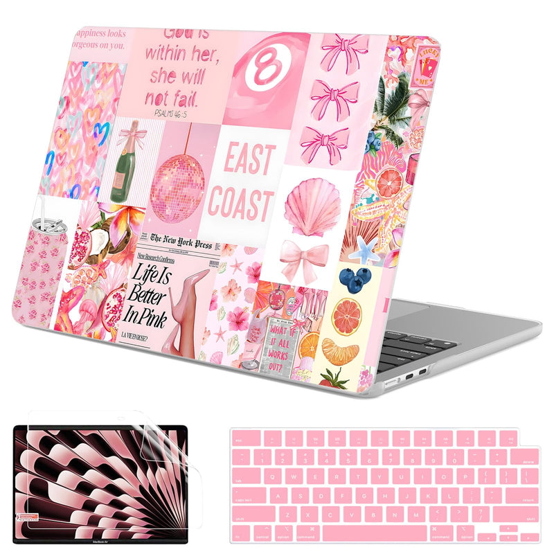 G JGOO Compatible with MacBook Air 15 inch Case M5 M4 M3 M2 2026 2025-2023 | Model A3448 A3241 A3114 A2941, Protective Plastic Hard Shell Case + Keyboard Cover + Screen Protector, Pink Aesthetic Collage Pink Collage