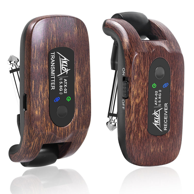 AKLOT Wireless Guitar System Transmitter Receiver Set 5.8GHz Built-in Rechargeable Lithium Battery Digital for Electric Guitar Bass Brown