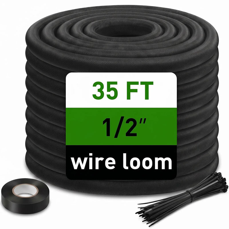 Heat Resistant Wire Loom Automotive Cable Management Sleeves 35ft-1/2inch Split Wiring Loom Harness Wire Organizer, High-Temperature Heavy Duty Auto Wrap Cord Protectors from Pets No Chew, Black 1/2"-35Feet
