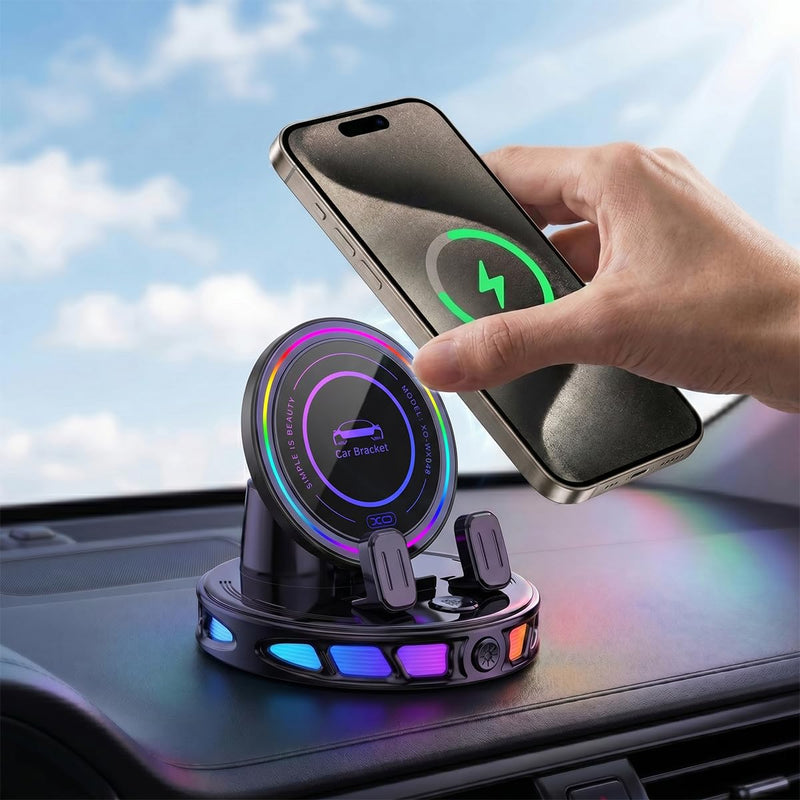 Wireless Car Charger Dashboard Phone Holder,15W Fast Charging One-Hand Operation Rotatable Bracket with RGB Light,Anti-Slip Navigation Mount with Strong Suction Cup, for Most Smart Phone
