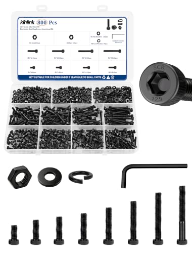 800PCS M3 Screws Assortment Kit, 12.9 Grade Alloy Steel Socket Head Cap Screws with Hex Nuts, Flat & Spring Lock Washers, Metric Bolt Set S2.5 Hex Key Included, Black Oxide, for 3D Printing M3 800pcs