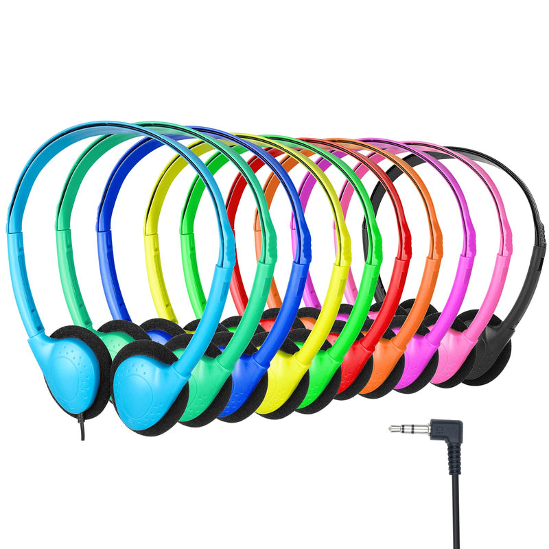 Classroom Headphones Bulk 10 Pack for Kids Students, Wired | On Ear Headphones for School Teens Adults Testing Online Learning, 3.5mm Jack for Laptop Chromebook Mixed Colors