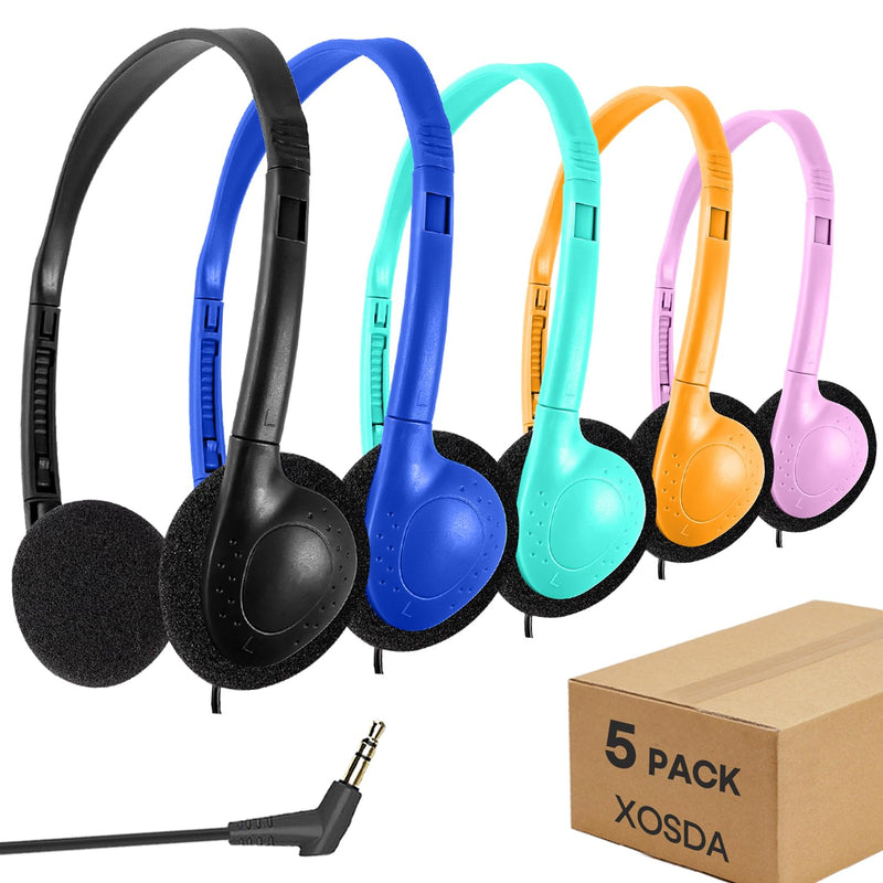 5 Pack Classroom Bulk Headphones for School Kids, Wholesale Class Set Wired Earphones for Students Children Toddler Teens Boys Girls and Adult (LS04, 5 Mixed)