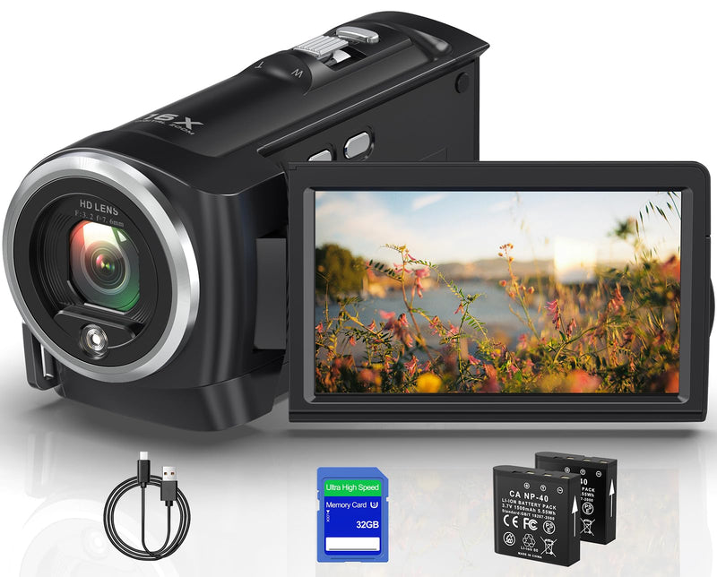 2.7K Video Camera QHD 56MP Camcorder 16X Digital Zoom YouTube Vlogging Camera 270 Degree Rotation Screen Camcorders Webcam with 32G SD Card and 2 Batteries