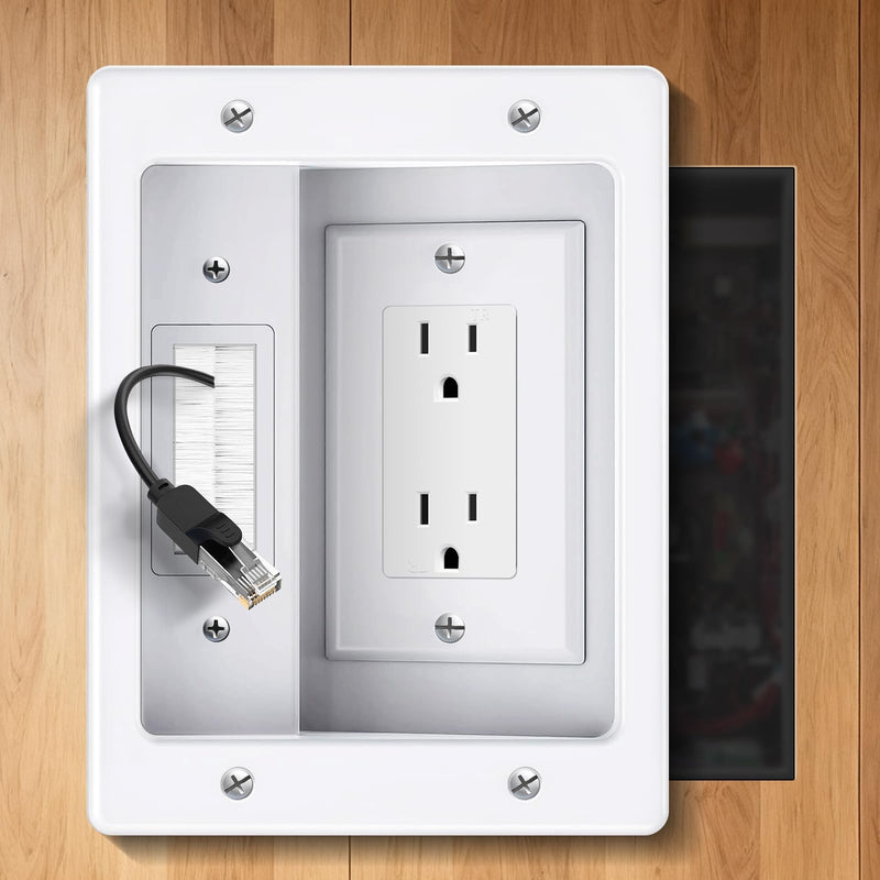 Wall Cable Concealer Kit, Upgraded Recessed TV Outlet Box-Two-Hole Socket with Cable Management Box, Hider in Wall Cable Management Kit Safe Hide Power Cables & Low Voltage Wires Fits All Plugs