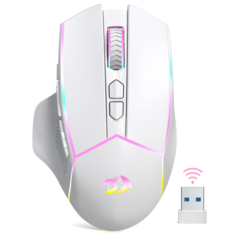 Redragon Wireless Gaming Mouse, Tri-Mode 2.4G/Bluetooth/USB-C, 7 Programmable Buttons, Tactile Rapid Fire Key, 24000 DPI RGB Ergonomic Mouse for PC Windows Gaming & Work, M814W White