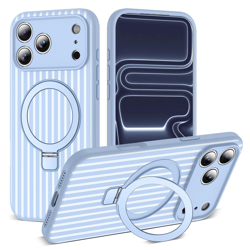 SKYLMW Striped Case for iPhone 17 Pro with Stand,6.3" Blue/White | Aesthetic Striped,Magnetic Stand,Compatible with Mag-Safe,Silicone 17 Pro Phone Case