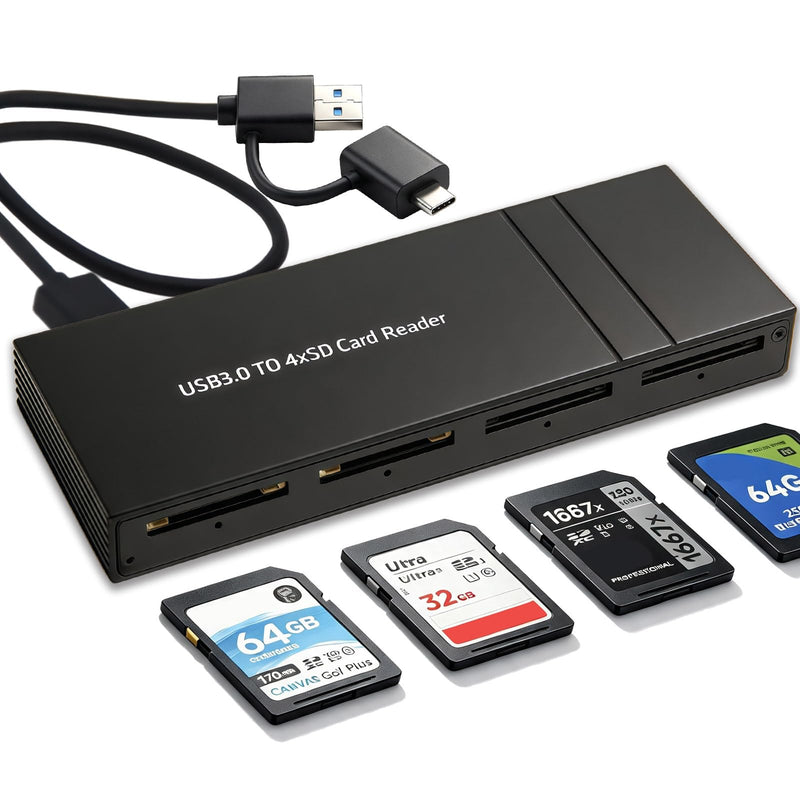 4-in-1 SD Card Reader, Memory Card Adapter with USB-C & USB-A Ports Cable, Simultaneous Read 4 Cards, SD Card Reader for Photographers and Content Creators 4SD