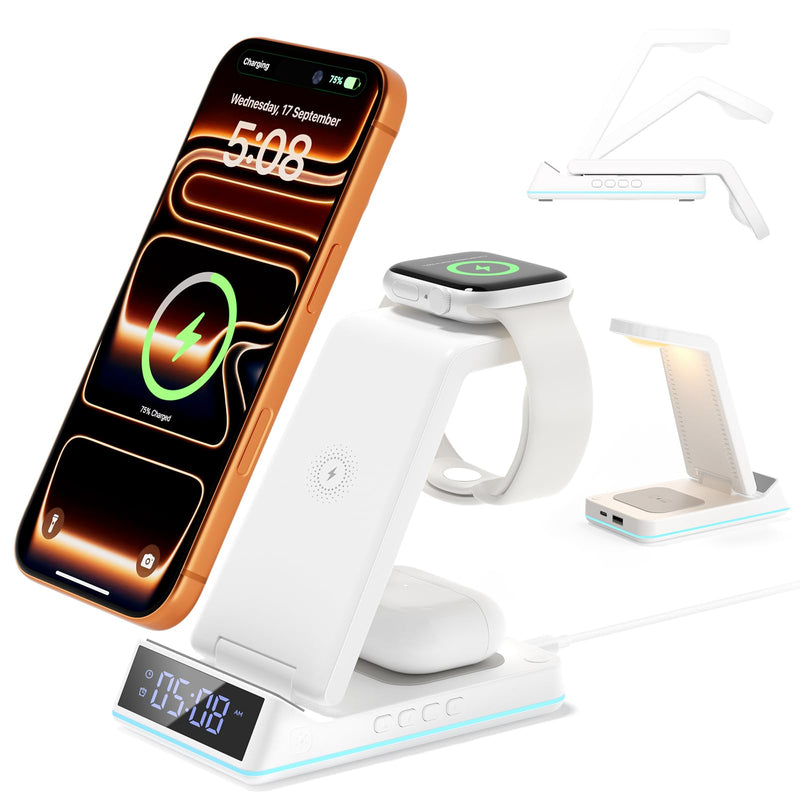Wireless Charging Station, 7 in 1 Wireless Charger Foldable Charger Stand | 2026 Upgraded with Night Light/Alarm Clock for iPhone 17-12 Pro Max Plus, Apple Watch, AirPods Gifts White