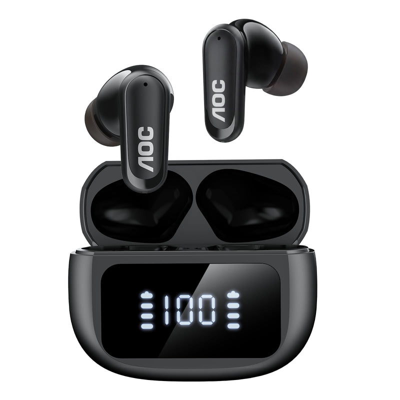 AOC Noise Cancelling Wireless Earbuds, 39dB ANC, 45H, LED Display, Black | in Ear Bluetooth 5.4 Headphones with 6 ENC Mic, Transparency Mode, Deep Bass Sound, 36 EQs via App, Fit for Sports, Commuting