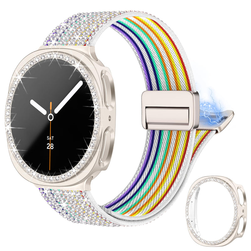 WIPALOR Bling Nylon Pride Band with Case for Samsung Galaxy Watch 9/8 Band 40mm with Bling Protective Cover Case for Women, Sport Magnetic Dressy Samsung Galaxy Watch 9/8 Bands 40mm for Women-Pride Rainbow Rainbow Nylon Band+Starlight Case