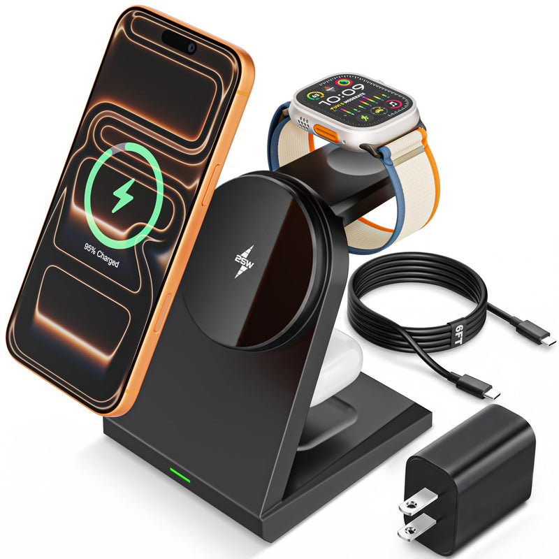 3 in 1 Wireless Charger iPhone Charging Station, 25W Magnetic Charger for iPhone 17 16e 15 14 13 12 Pro Max, Wireless Charging Station Fast Desk Mag Safe Stand for iWatch 11 10 9 8 7 6 5 AirPods Pro 3