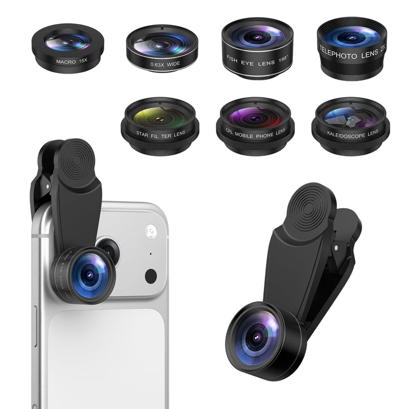 AMIR 7 in 1 Phone Camera Lens Kit with 2X Telephoto, 0.63X Wide Angle, 15X Macro, 198° Fisheye, CPL Filter, Star & Kaleidoscope Lens, HD Mobile Lens Set for iPhone, Samsung & Smartphones