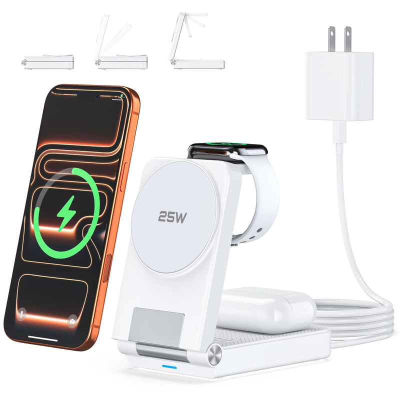 25W 3 in 1 Charging Station,Foldable MagSafe Fast Magnetic Wireless Charger | For Apple Multiple Devices, Travel Charger Stand for iPhone 17 16 15 14 13 12 Series/Watch 11-8/AirPods 4/3/2/Pro