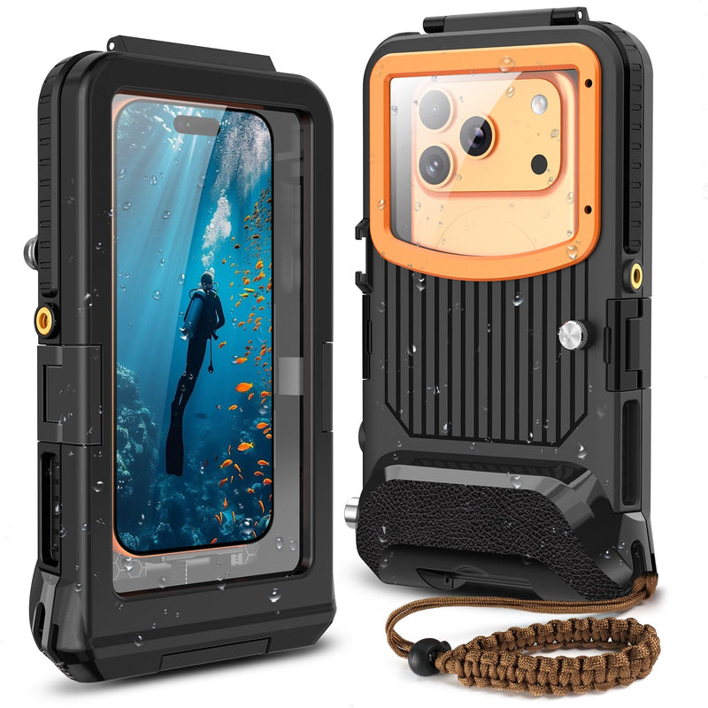 iPhone Underwater Housing, 50ft/15m, Gen 2s, Black Orange | A vacuum valve and physical shutter support secure diving; the 1/4in tripod mount expands filming options. Gen 2S -for iPhone