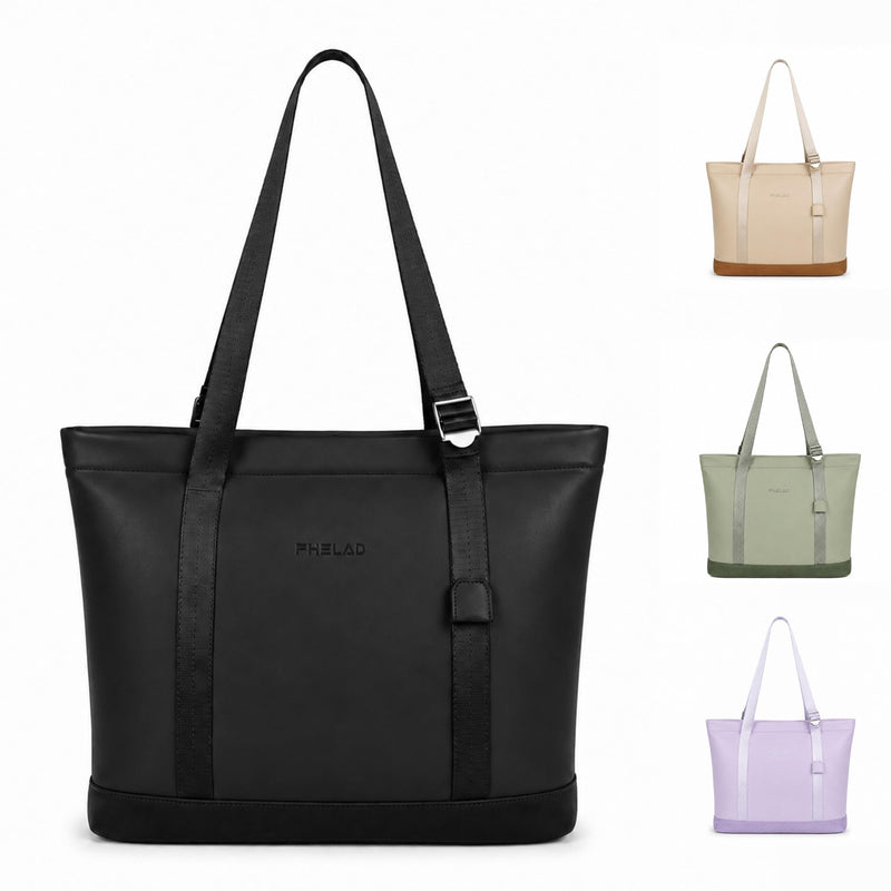 FHELAD Laptop Tote Bag for Women, Vegan Leather Work Shoulder Bag | 14 in Laptop Compatible, Tracker Slot, Padded, Compact, Office, College Black