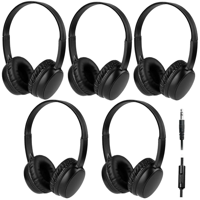 Kids Headphones Bulk 5 Pack with Microphone for School Classroom Students, Durable Wired On-Ear 3.5mm Jack Headset for Chromebook Tablets Computer Travel (HY30, 5Black) Black