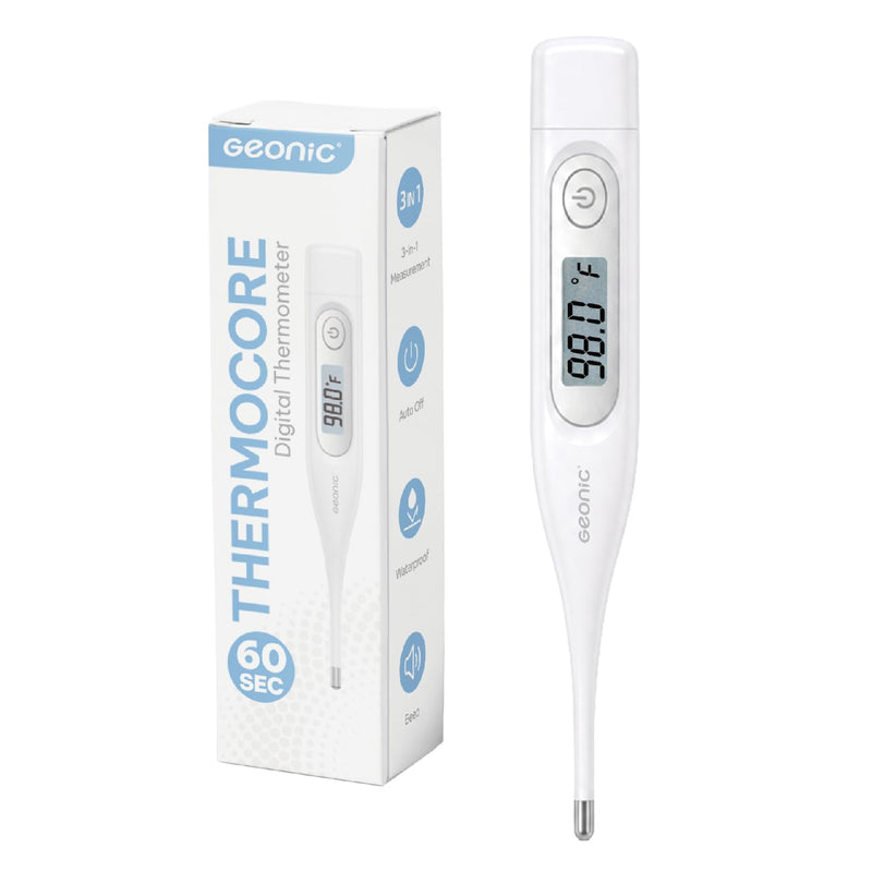 Digital Thermometer for Adults & Kids, 60-Second Reading, 3-in-1 Oral Rectal Underarm Use, Fever Alarm, Memory Recall, Water-Resistant, White