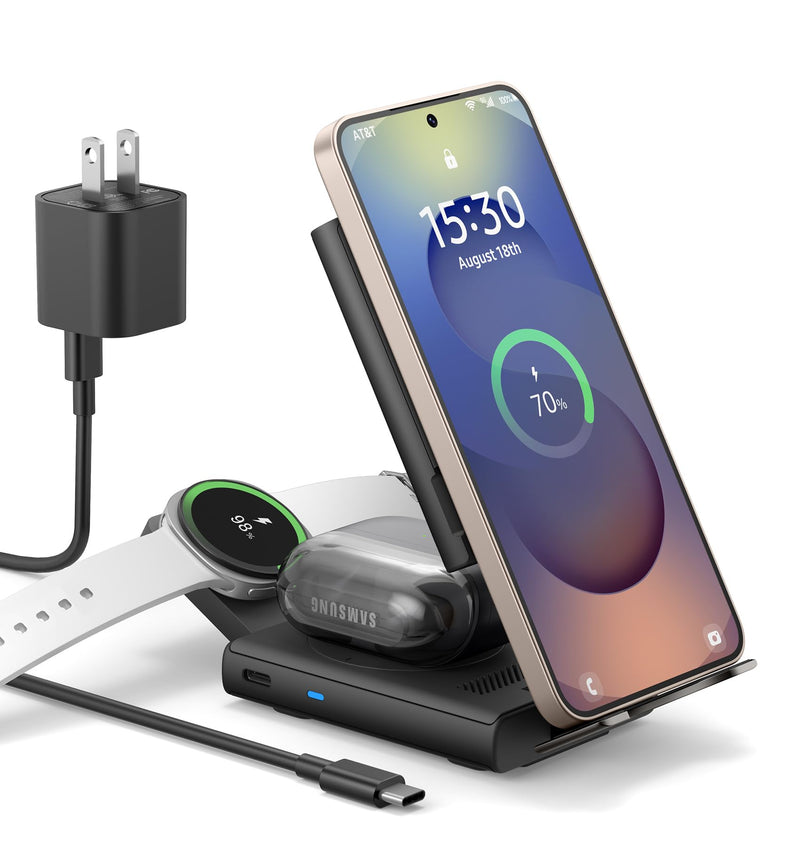 SURITCH for Samsung 3-in-1 Wireless Charging Station, Ultra-Portable Charging Dock Stand for Galaxy S26/S25/S24/S23/S22/S21/Note/Z Fold Flip, Galaxy Watch 8/7/6/5/4/3/Buds, Black