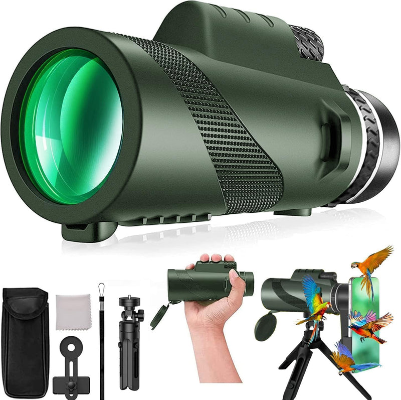 Monocular-Telescope 80x100 High Powered Monoculars High Definition forAduts High Powered with HD BAK4 Prism Smartphone AdapterTelescope Bird Watching Travel Camping Hiking-Green 1