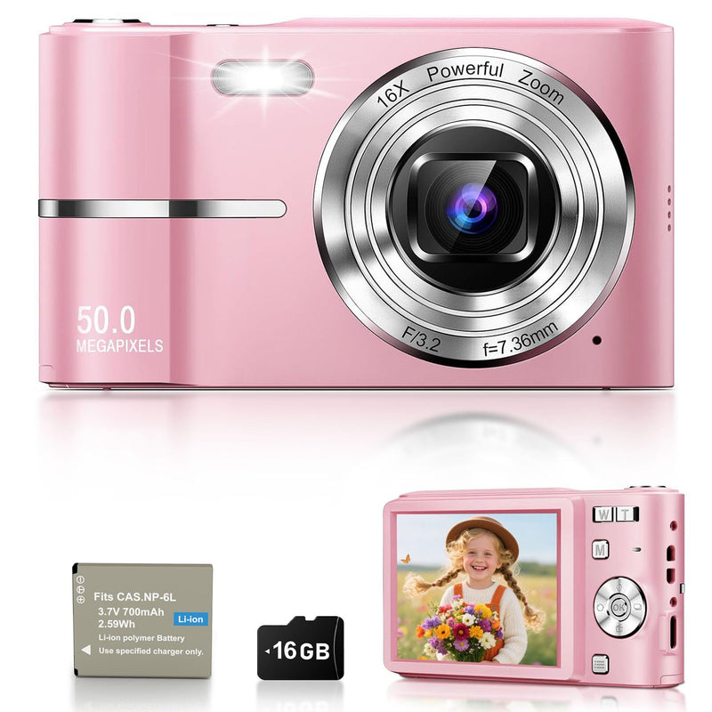 Pink Digital Camera, 50MP FHD 1080P Portable Point and Shoot Camera, Small Digital Camera with 16X Digital Zoom, Anti-Shake Vlogging Device for Daily Life, Travel, Kids, and Beginners Pink