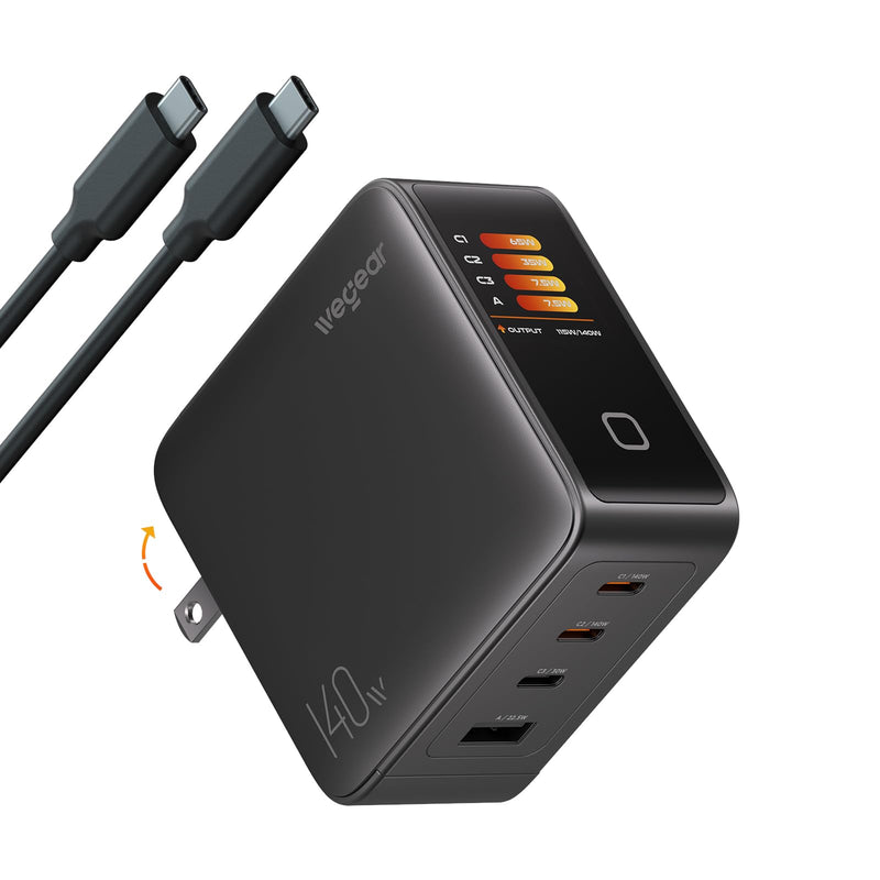 140W GaN USB C Charger Block, 4-Port PD3.1 Fast Wall Charger with Smart Display & Touch Control, Foldable Power Adapter with 240W USB-C Cable for MacBook Pro, iPhone 17/16, iPad, Galaxy S25/S24
