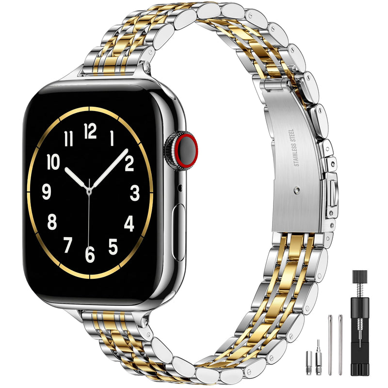 Lerobo Slim Metal Band Compatible with Apple Watch Bands for Women 40mm 41mm 42mm 38mm 44mm 45mm 46mm 49mm,Thin Elegant Stainless Steel Strap for iWatch Series 11 10 9 8 7 6 5 4 3 2 1 SE Ultra Silver Gold 38mm/40mm/41mm/(42mm-series 11 10)