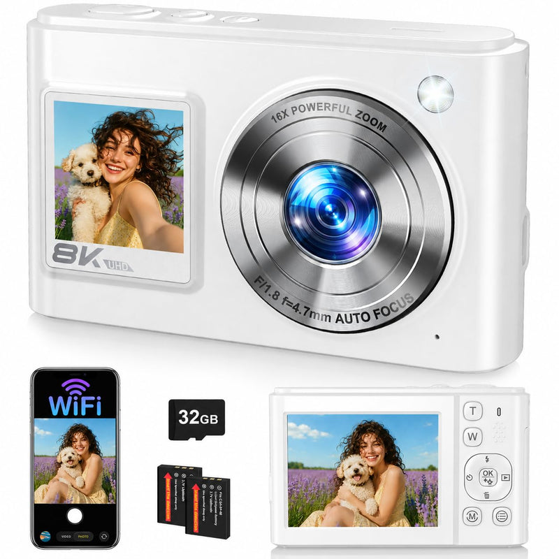 8K Digital Camera, 96MP WiFi Camera for Photography with Dual Screen(White) | Autofocus, Anti-Shake, 16X Zoom, Vlogging Point Shoot Camera for Teens, Beginners, Travel, 2 Batteries, 32GB Card White