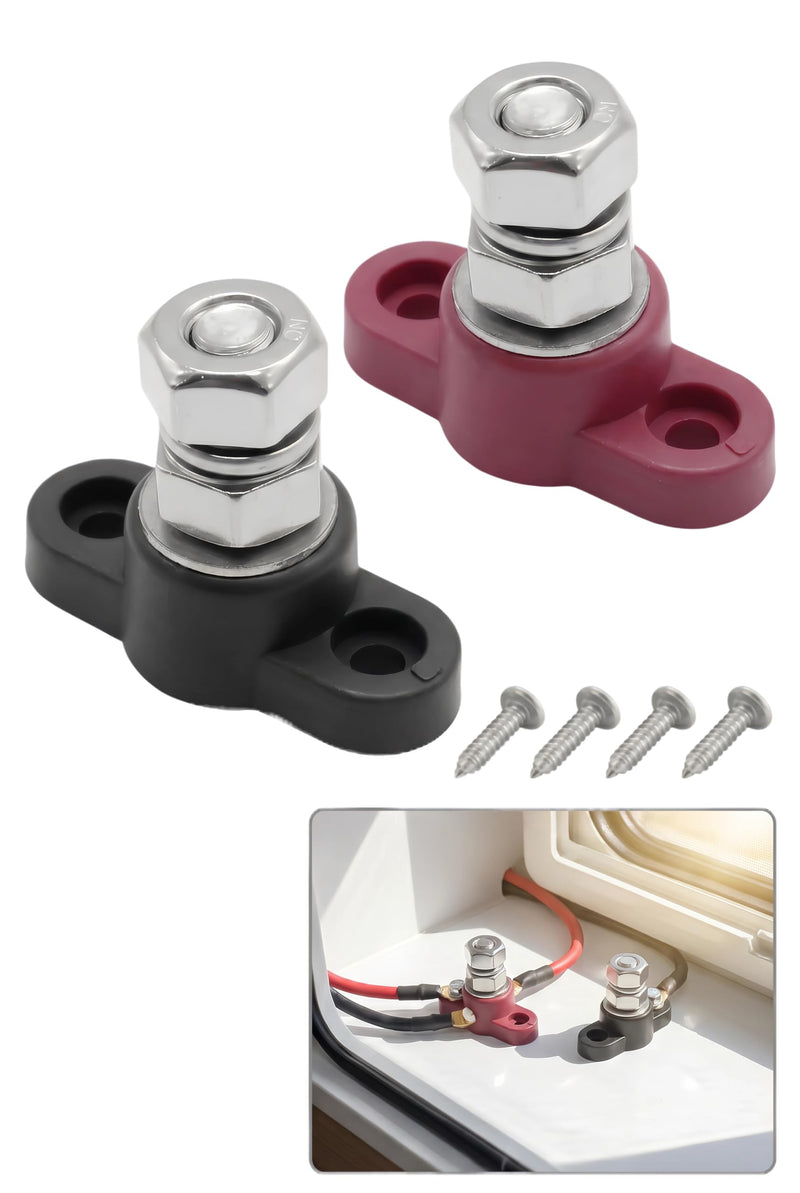 2 PCS Single Stud Battery Distribution Block, Top Post Battery Terminal 3/8 Stud, 12V Heavy Duty Terminal Post, Universal for Cars and Boats (Red+Black)