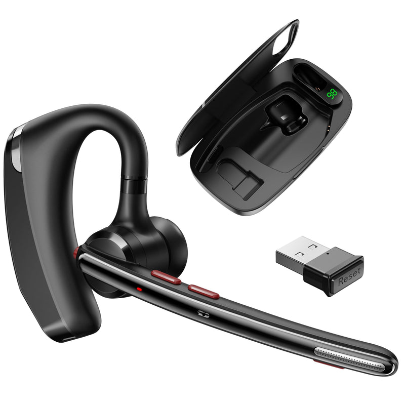 Bluetooth Headset V5.3, Wireless Headset with Dual Noise-Canceling Mics, Portable Charging Case, 300H Standby Time, Hands Free Headphones for PC/Cell Phones, Trucker/Office/Work Black