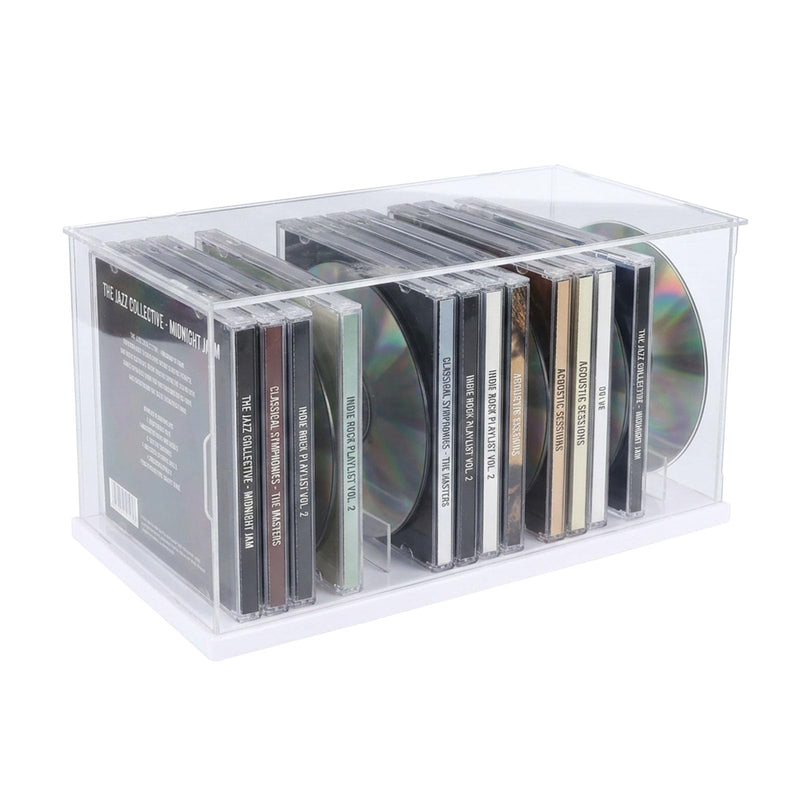 Clear Acrylic CD Holder Rack, Stackable CD Storage Box with Dustproof Door, DVD Display Case and Media Organizer for Music Disc, Blu Ray, Game Cases, Cassette, Shelf or Desktop