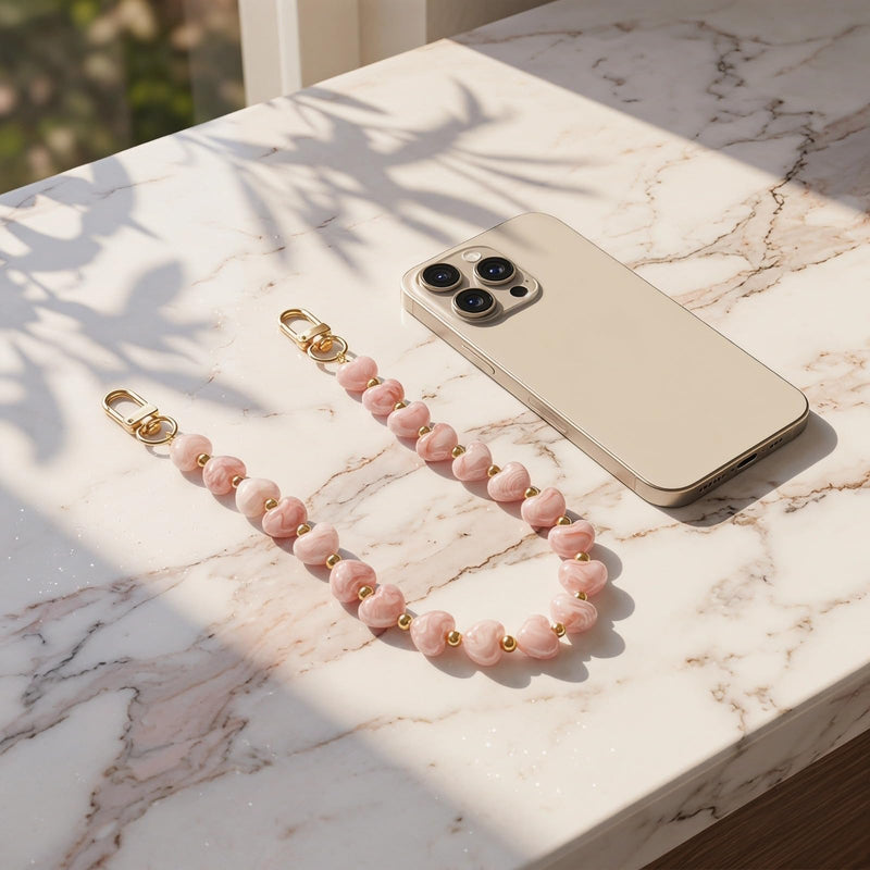 1PCS Heart Phone Charm Strap Pendant Keychain Accessory Beaded Mobile Hanging Decoration Wrist Lanyard Bag Attachment Gift pink 1pcs