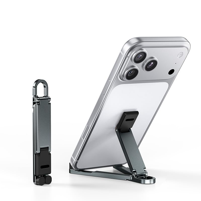 Portable Phone Stand, Foldable EDC Keychain Phone Holder with Snap Hook, Mini Aluminum Travel Cell Phone Stand for iPhone and Smartphones Under 8 Inches(Gray) Gray