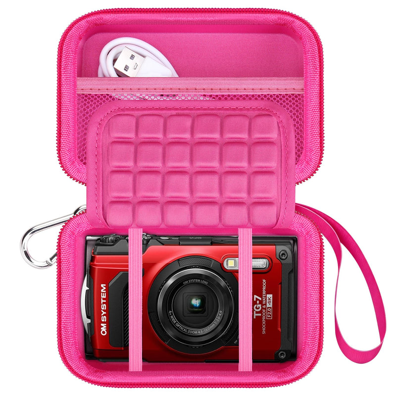 Lacdo Camera Case Compatible with OM SYSTEM Tough TG-7 /OLYMPUS Tough TG-6 /TG-5/TG-4 Digital Camera, Hard EVA Protective Camera Storage Trave Bag, Mesh Pocket Fit Batteries, USB Cable, SD Card, Rose