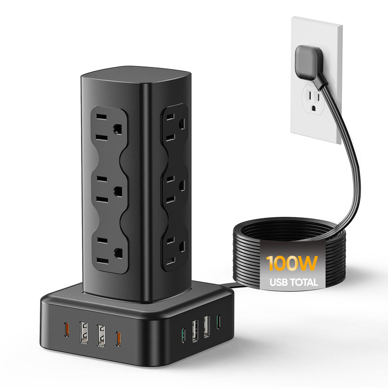 Power Strip Tower, 100W USB Charging Station Tower 12 AC Outlets | 8 USB Ports (4 USB C), 6 Ft Flat Plug Extension Cord with Multiple Outlets, Home Office Dorm Room Essentials, Black