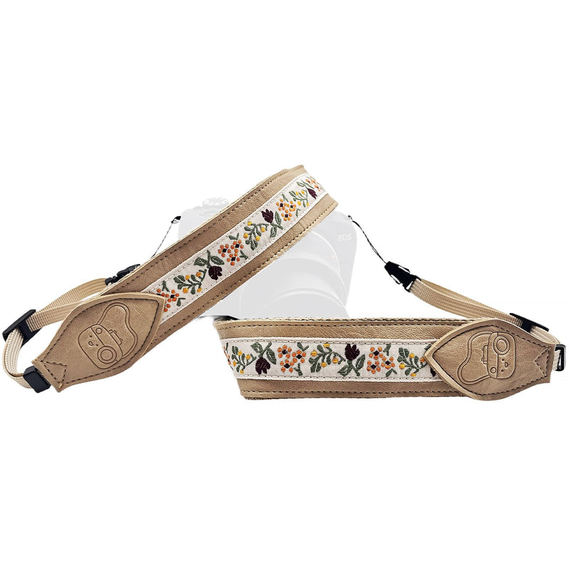 Retro Embroidery Camera Strap - Leather Camera Neck Strap for Canon,Nikon, Adjustable Shoulder Straps for All Cameras Khaki Embroidery Camera Strap-05