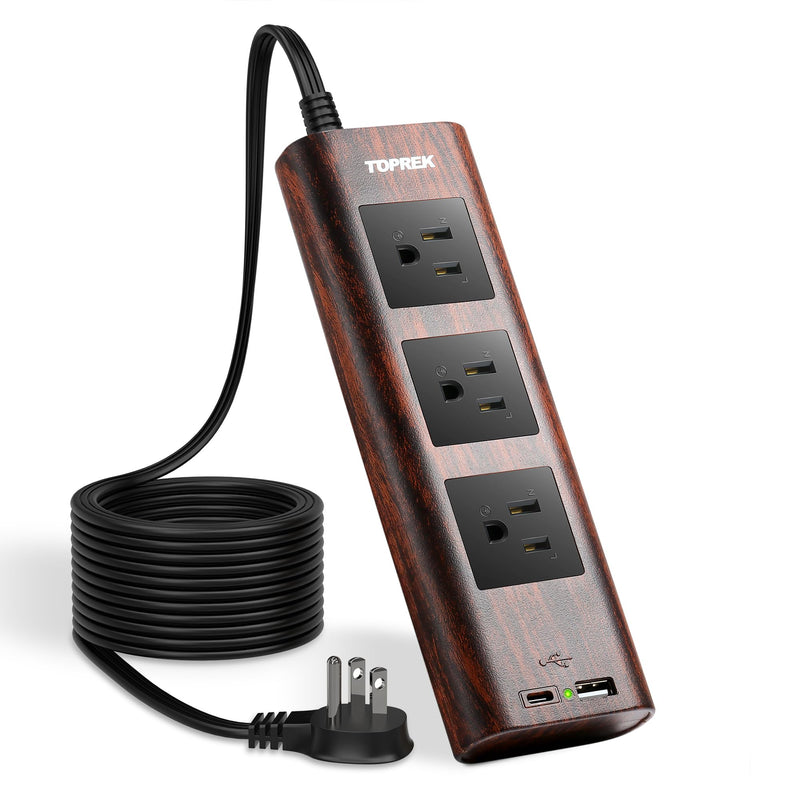Power Strip Surge Protector (1800J) – 10FT Extension Cord with Ultra Thin Flat Plug, 3 Widely-Spaced Outlets, 1 USB-C & 1 USB-A Port, Wood Finish Power Strip with USB for Home, Office or Dorm Walnut Wood Grain