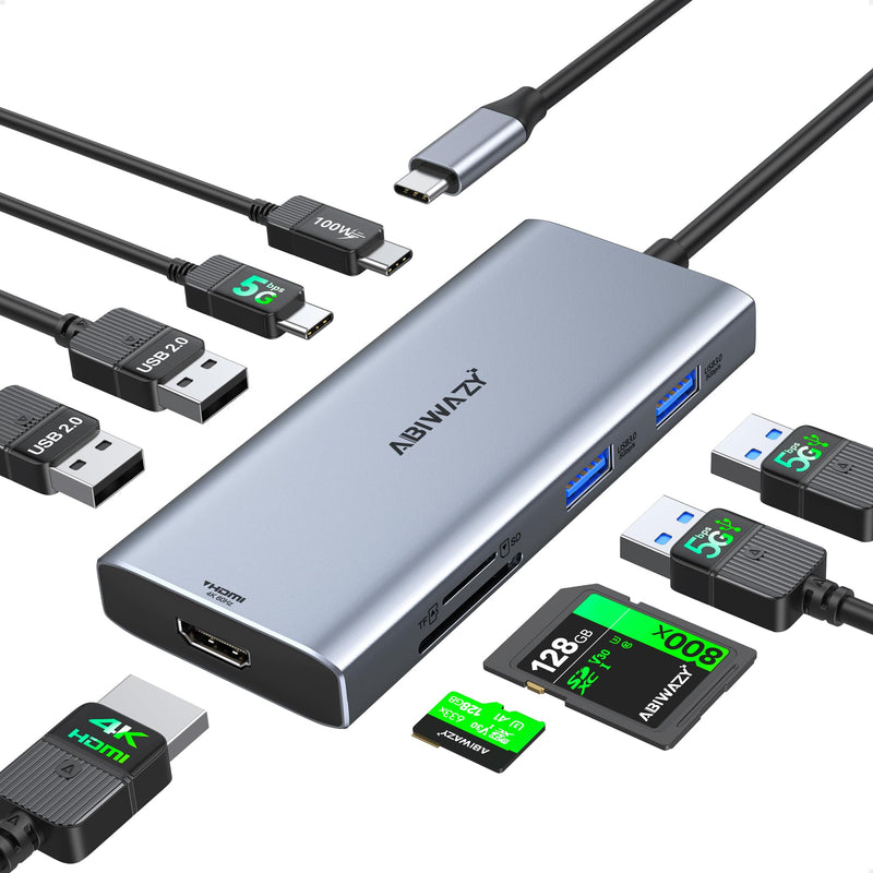 USB C Hub Multoport Adapter, 9 in 1 Mac Adapter for MacBook Pro/Air | USB-C to HDMI 4K@60Hz, 100W PD, SD/Micro SD Slot, 4 USB and USB-C Data Port Compatible for iPad Pro, Dell XPS Laptops Grey