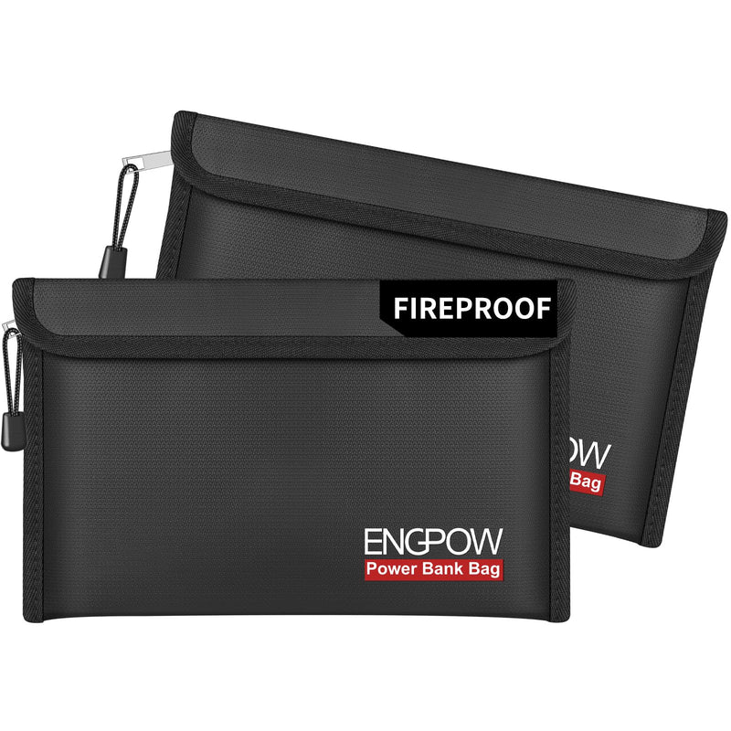 ENGPOW Fireproof Organizer Travel Safe Bag, Portable Electronic Carry Case | Heat Insulated＆Explosion-Proof, Home Travel Storage for Power Bank,Phone,Cables,USB Drive,Charging Protection, 2 Pack, Black 10.6'' x 6.7''