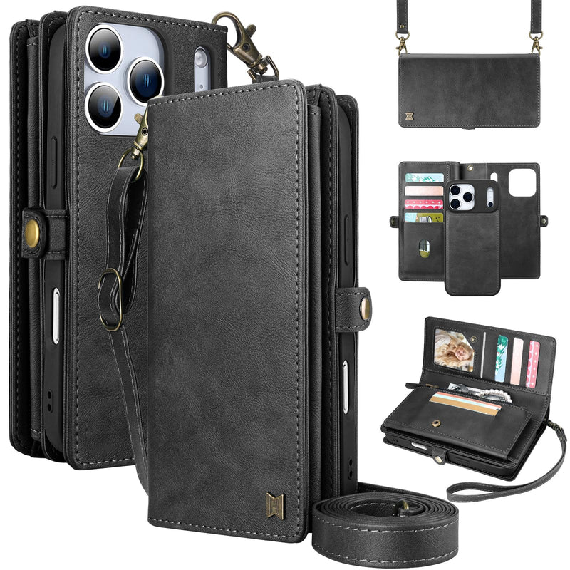 for Wallet Case Compatible with iPhone 17 Pro Max,Multi-Function Detachable 2 in 1 Magnetic iPhone 17ProMax Case Wallet,Flip Strap Zipper Card Holder Phone Case with Shoulder Strap(Darkgray) DarkGray