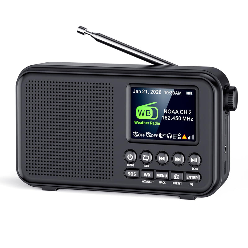 OnLyee Portable FM Radio with Bluetooth, NOAA Weather Alert, Black | 2.4" Color Display, 40 Preset, 8W Clear Sound, 3000mAh Rechargeable, Sleep Timer, MicroSD Playback, Headphone Jack, Home