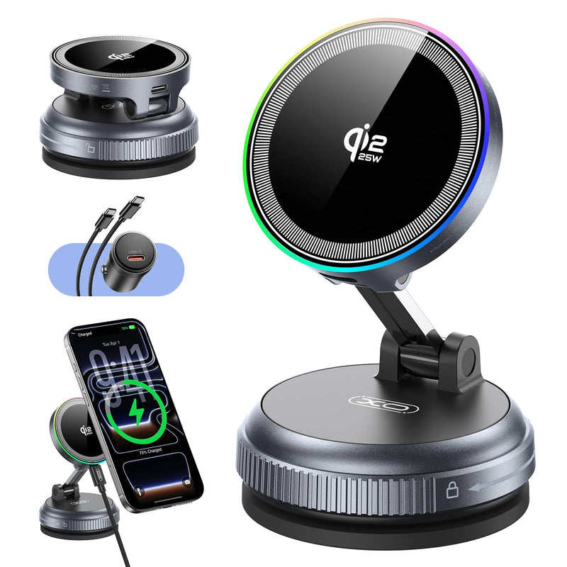 Qi2.2 Magnetic Car Mount Charger,25W Fast Wireless Charging Stand with RGB Light,360° Rotating Suction Phone Holder for Your Car,Compatible with iPhone 12-17,S26/S25