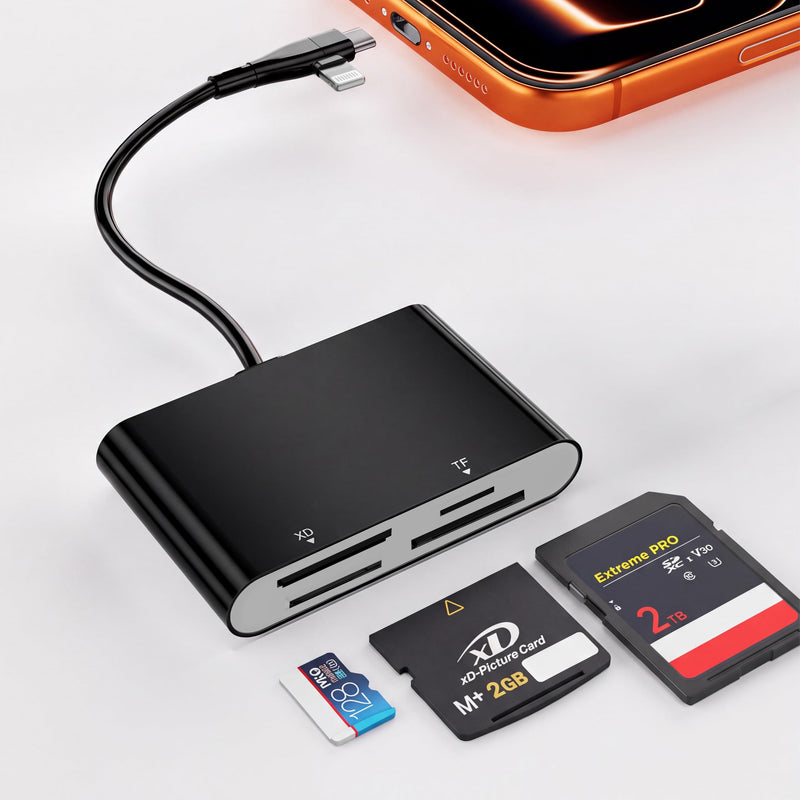 Memory Stick Pro Duo Adapter, SD/XD/TF/MS Card Reader for Lightning/USB-C | 4-in-2 Memory Stick Pro Duo Reader for iPhone17/16/15/14, iPad, Android, PC/Laptop, Black