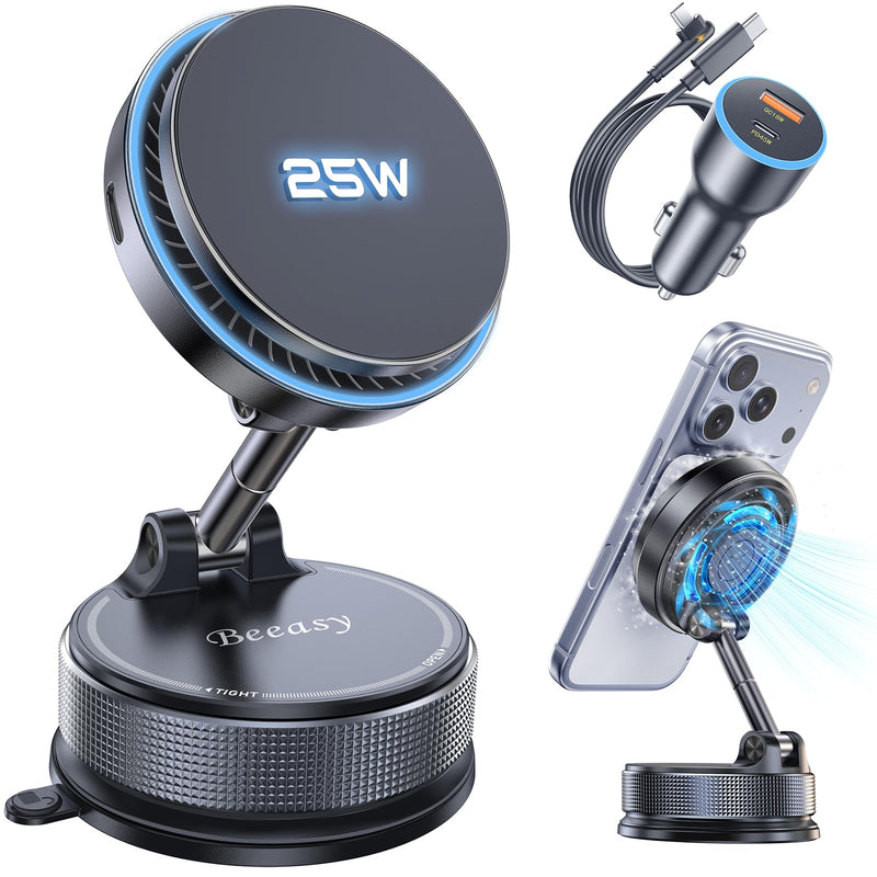 Beeasy 25W Qi2.2 MagSafe Car Mount Charger Built-in Cooling Fan, Upgraded Vacuum Suction Cup 360° Rotation, Magnetic Wireless Car Charger with 63W Adapter for iPhone 17 16 Pro Max Samsung S26 Ultra Black