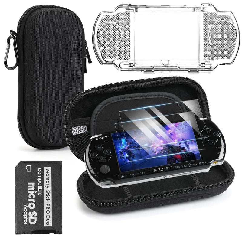 Jedaful 5-in-1 Accessories Bundle for Sony PSP 2000 3000, Hard EVA Travel Carrying Case, Anti-Slip Crystal Clear Hard Case, 2-pack HD PET screen protectors and Micro SD Adapter for Sony PSP