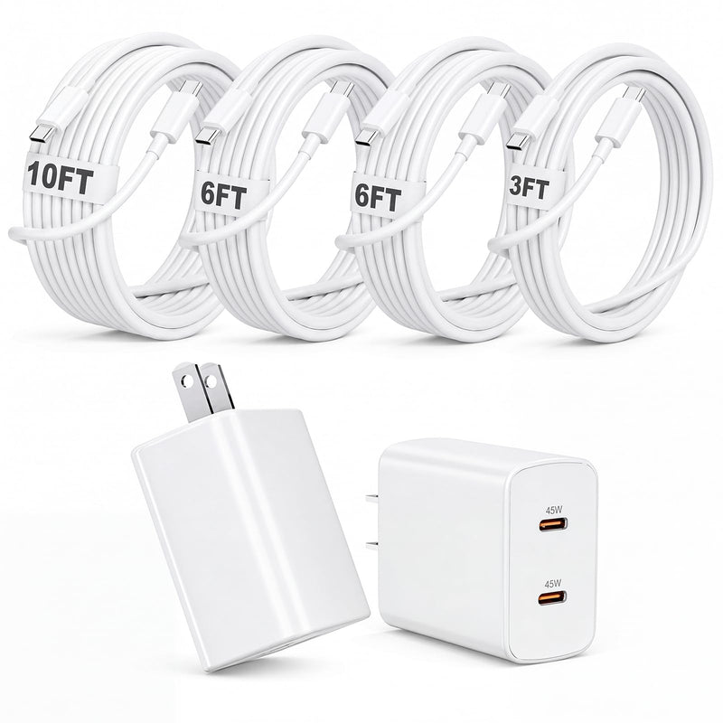 Apple 17e Fast Charging Block,[Apple MFi Certified]45W Dual Port iPhone Charger Fast Charging Plug & 4 Pack 60W USB C Cable Cord[3/6/6/10FT]for iPhone 17/17 Pro/17 Air/16/16 e/16 Pro/16 Plus/15/15 Pro Whitte