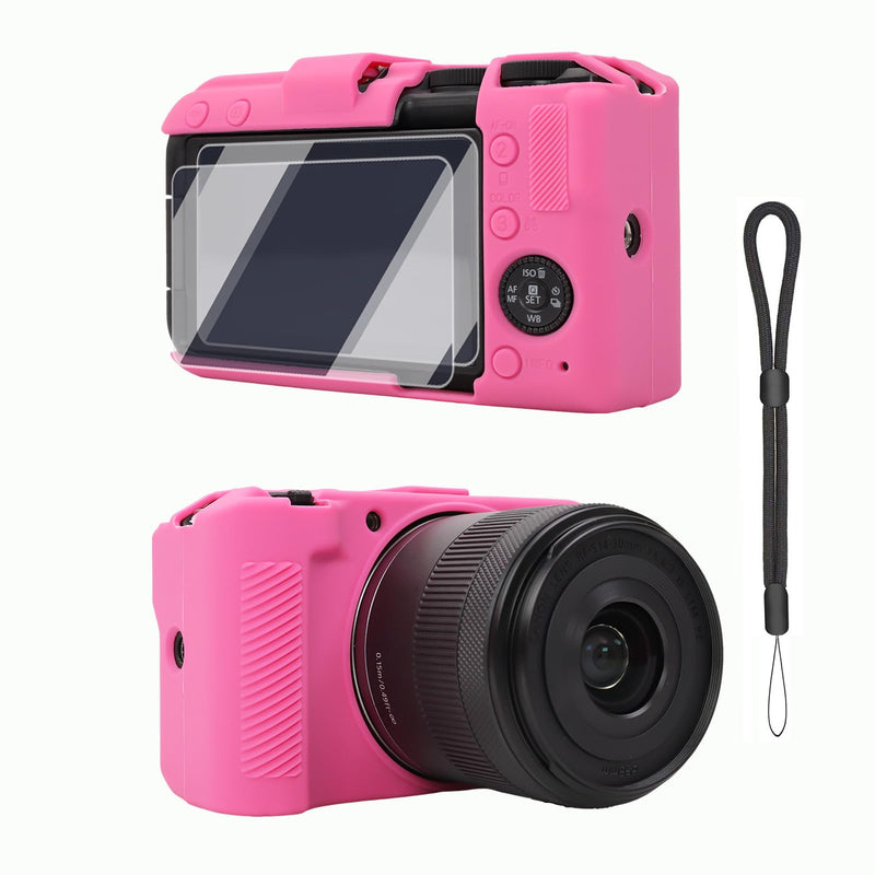 Case for Canon EOS R50 V Body Camera, Skin, Anti-Scratch, Soft Silicone Rubber Sleeve Protective Case Cover with Screen Protector, Wrist Strap Accessories for R50V - Rose Red
