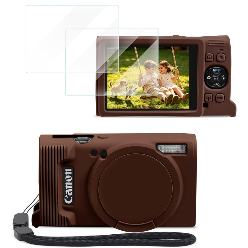 Camera Case for Canon PowerShot ELPH 360 HS/IXY 650 - Brown | Soft Silicone Protective Case, Lightweight, Anti-Scratch with Removable Lens Cover, 2 Screen Protector, 1 Wrist Strap